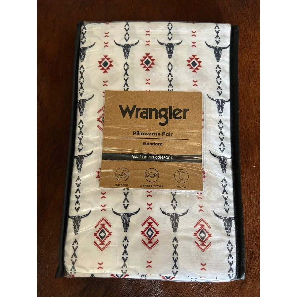 Wrangler Standard Pillowcase Pair Steer Head Stripe Red Western Bedding NEW 2 pc